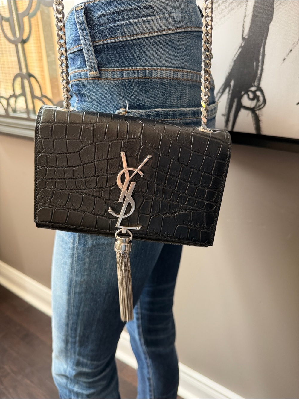 Authentic Saint Laurent Black Croc-Embossed Mini Kate Tassel Chain Crossbody Bag